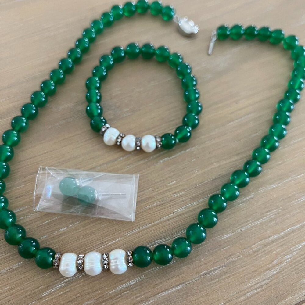 2 Green Emerald Chalcedony Beaded Sets w White Freshwater Pearls and 925 Clasp